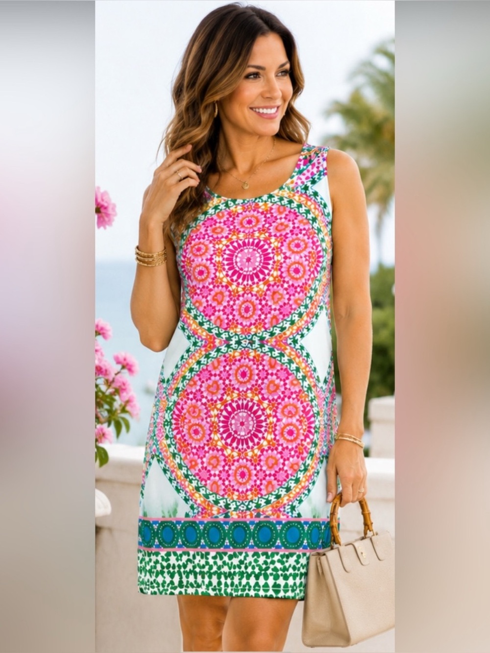 London Times Sleeveless Shift
Dress Pink Green Medallion Print
US 10